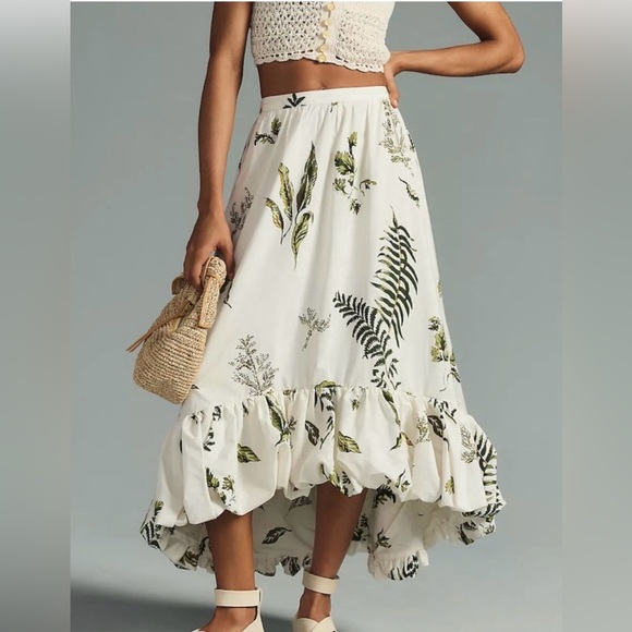 Anthropologie High-Low Bubble Skirt | Green Fern Botanical Print/Cotton/Medium - Picture 1 of 14